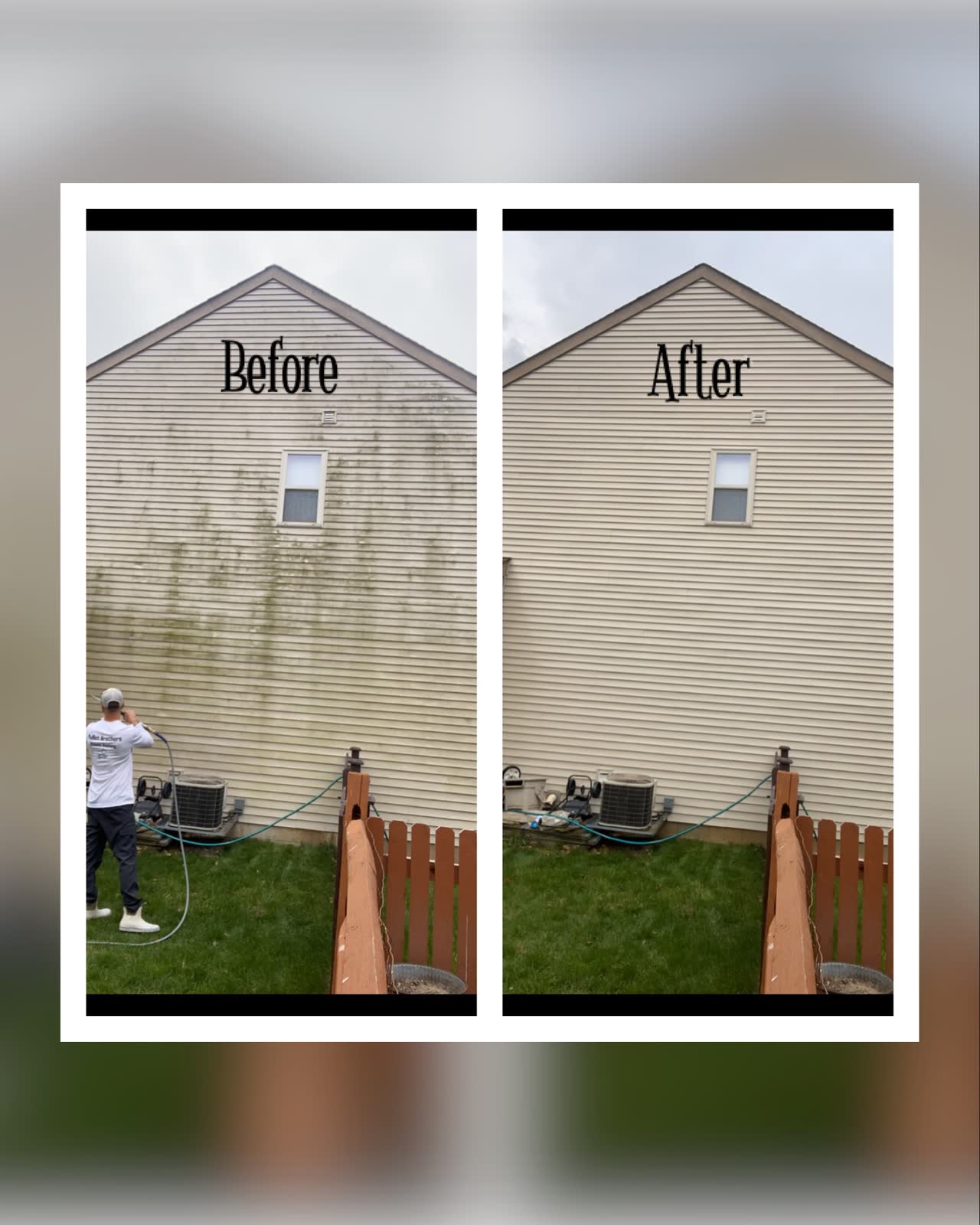Before and after of a house wash — heavy green algae removed from siding in Central Ohio