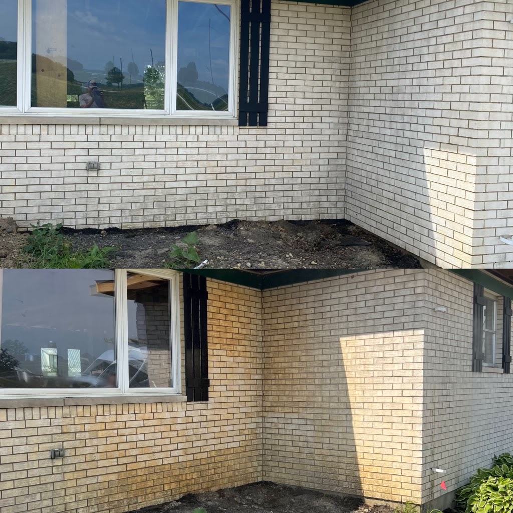 Brick and siding, front elevation &mdash; before and after, shown together