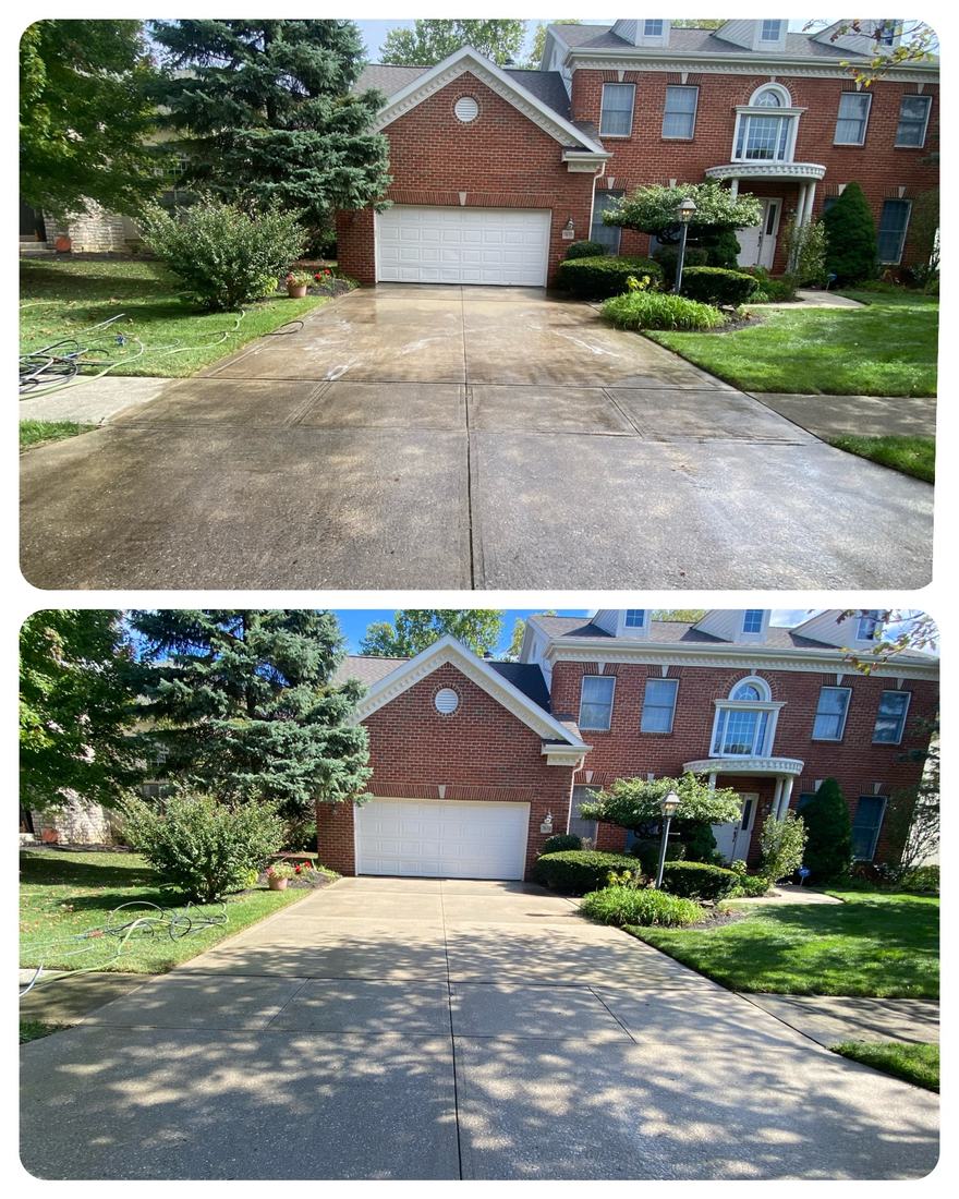 Brick home and driveway &mdash; before and after, shown together