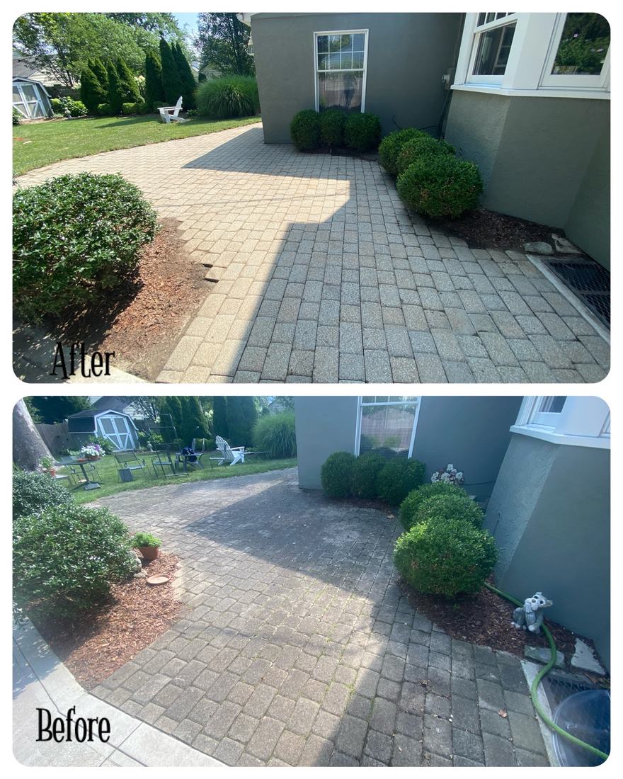 Brick side path &mdash; before and after, shown together
