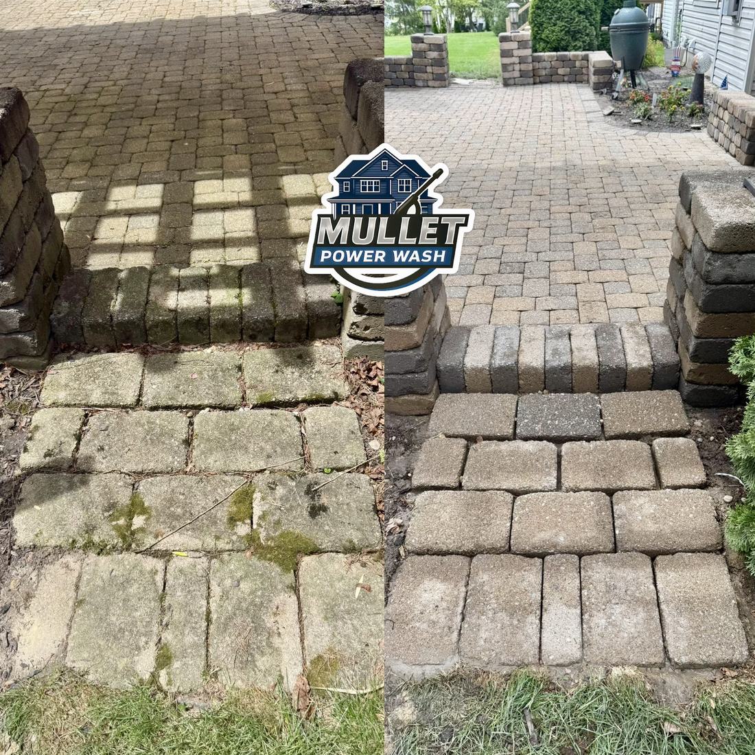 Brick walkway and steps &mdash; before and after, shown together