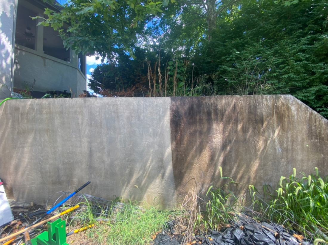 Concrete retaining wall &mdash; before and after, shown together