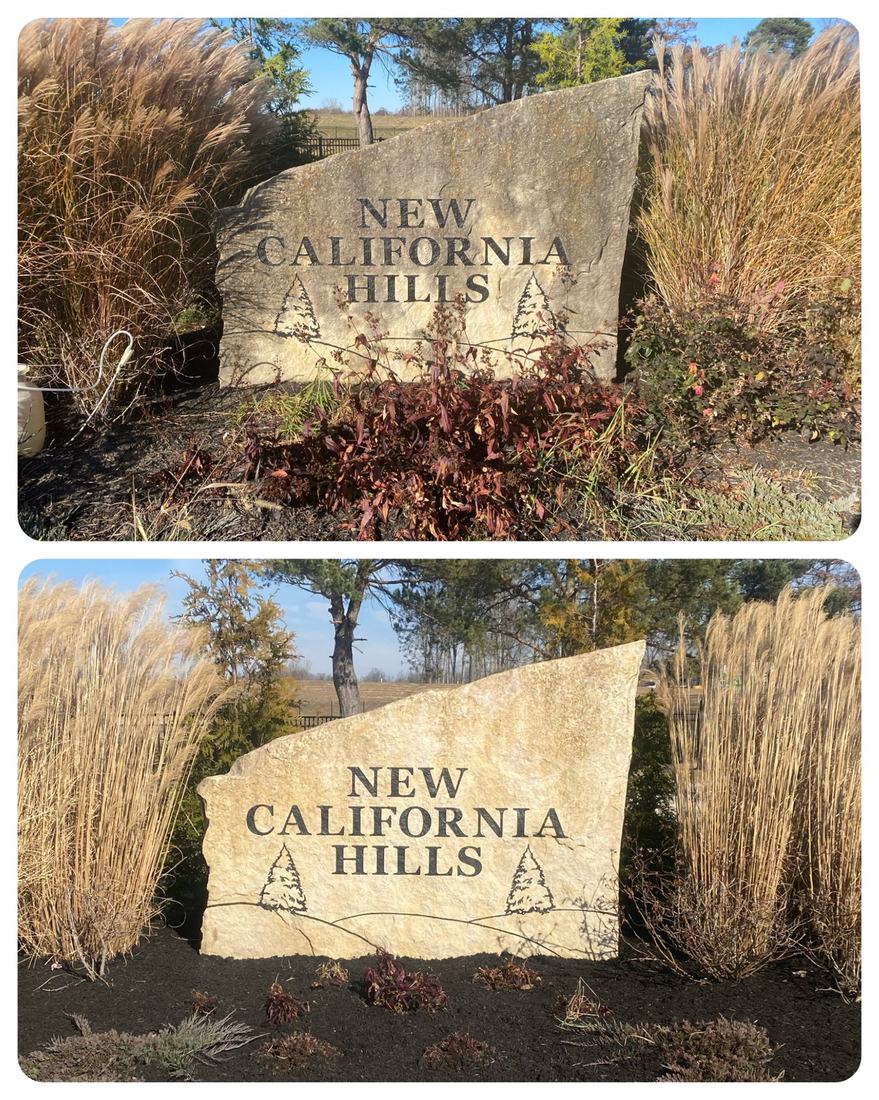 Subdivision entrance sign, New California Hills &mdash; before and after, shown together