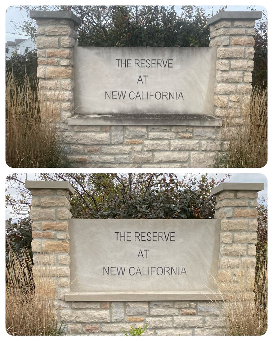 Entrance sign, The Reserve at New California &mdash; before and after, shown together