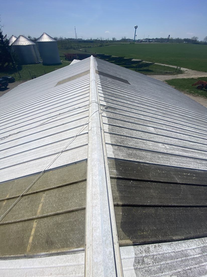 Metal barn roof half washed, clean panels beside dark stained ones, in rural Central Ohio