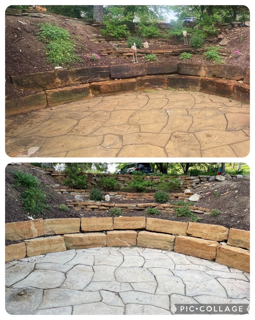 Stamped concrete and stone wall &mdash; before and after, shown together