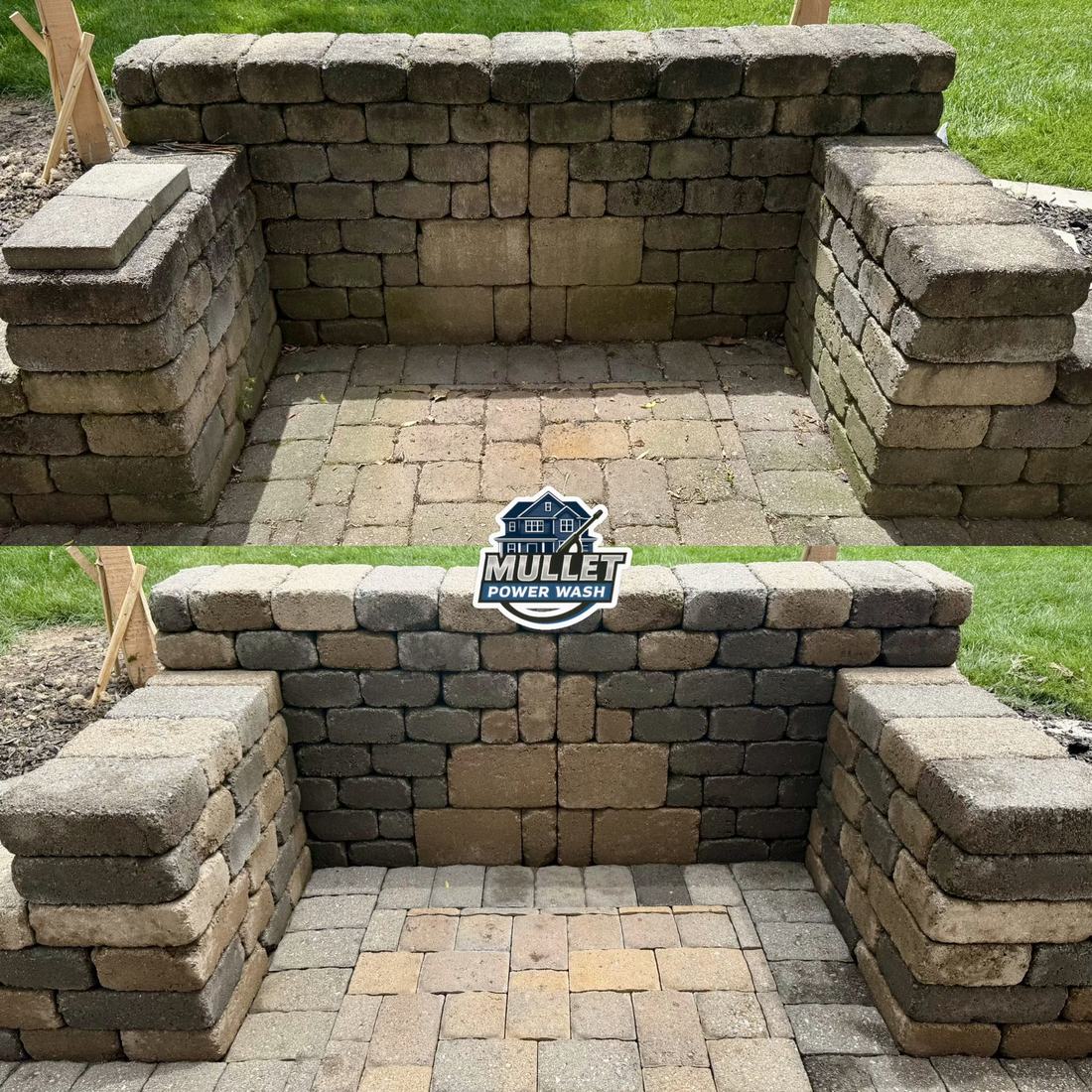 Stone seating wall and brickwork &mdash; before and after, shown together