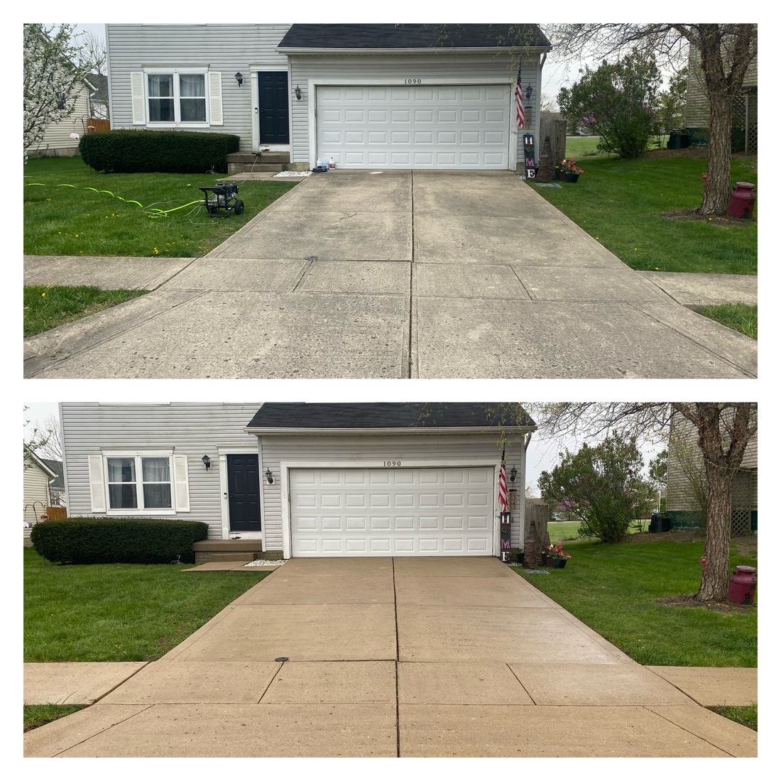 Driveway to a two-car garage &mdash; before and after, shown together