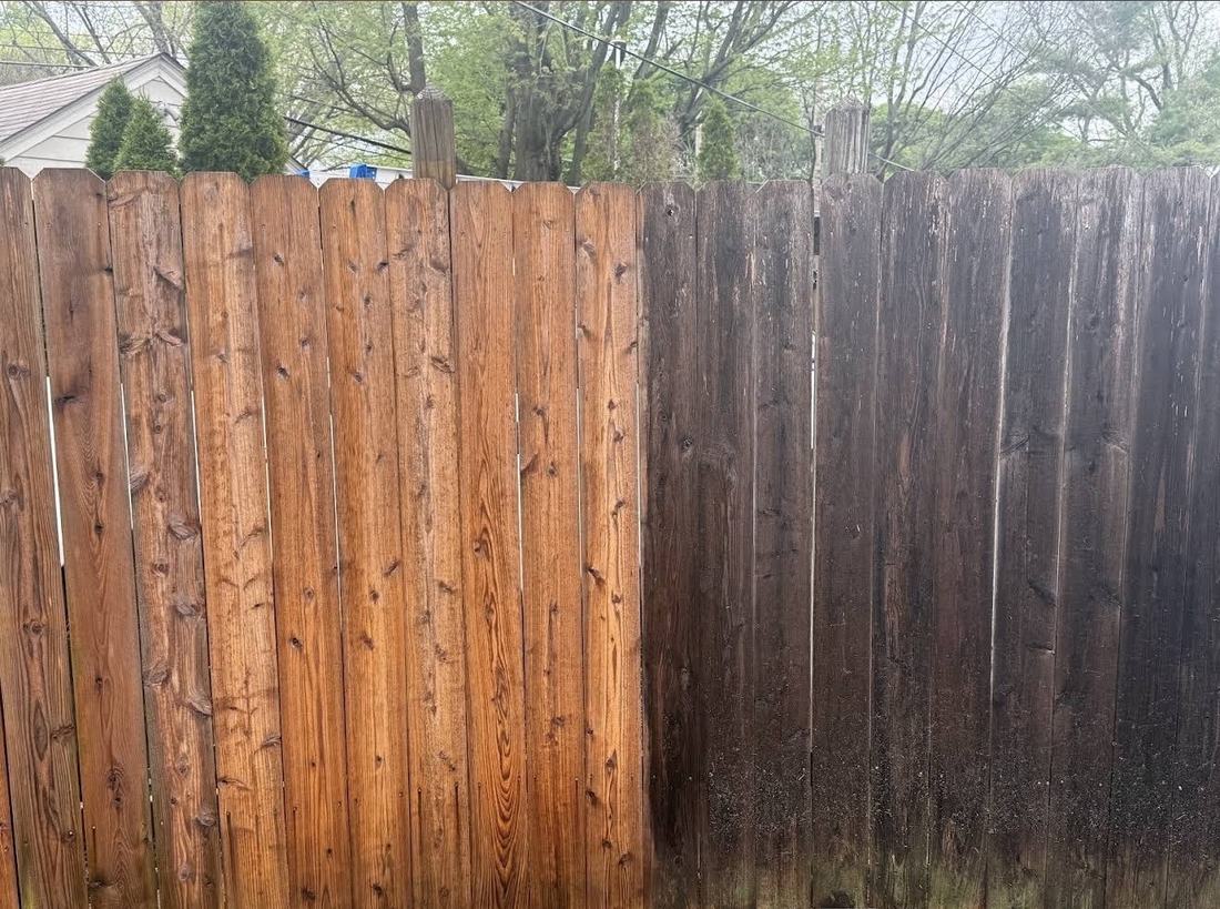 Wood privacy fence &mdash; before and after, shown together