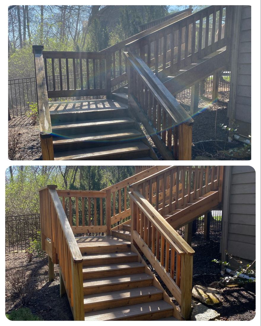 Wooden back steps &mdash; before and after, shown together